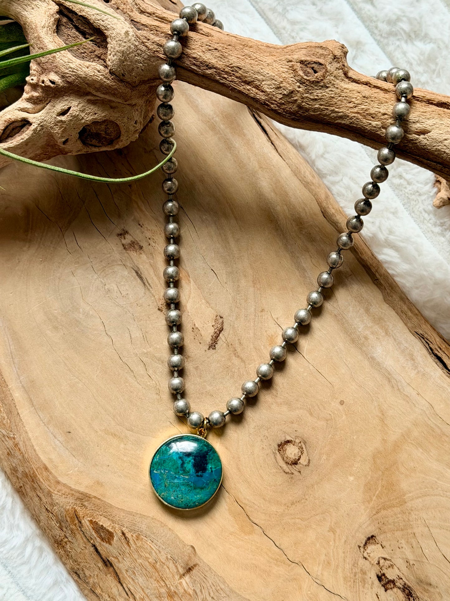 Chrysocolla + Antique Silver Ball Chain Necklace