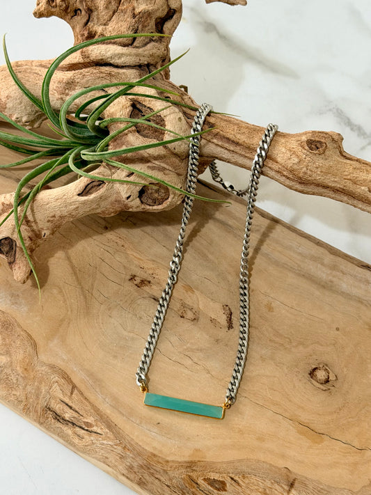 Aqua Chalcedony + Antique Silver Bar Necklace