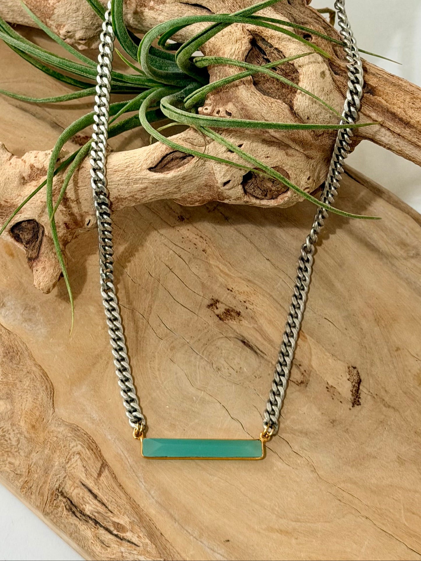 Aqua Chalcedony + Antique Silver Bar Necklace