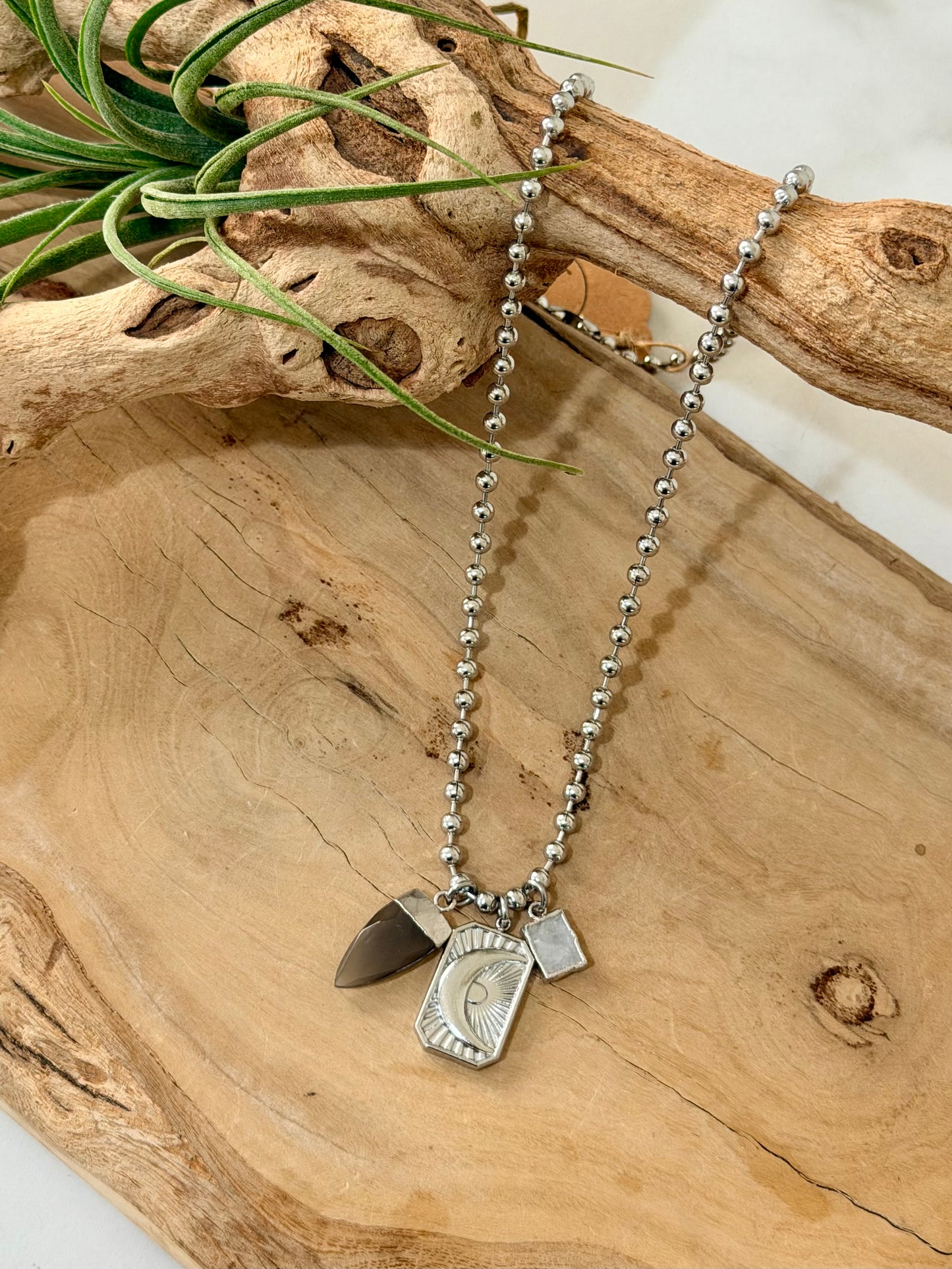 Gray Moonstone + Rainbow Moonstone Silver Moon Necklace