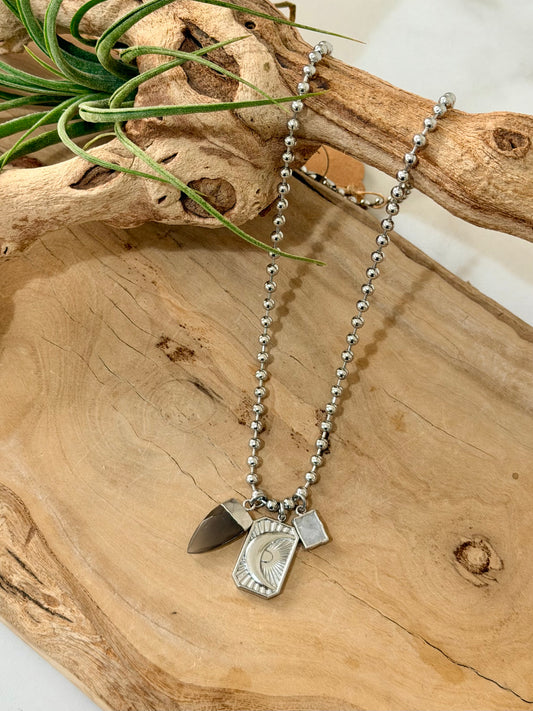 Gray Moonstone + Rainbow Moonstone Silver Moon Necklace