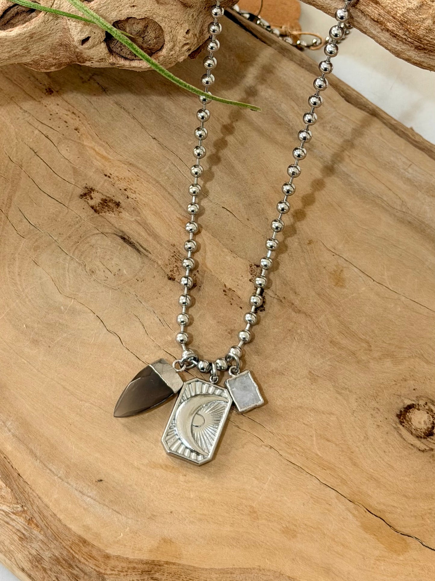 Gray Moonstone + Rainbow Moonstone Silver Moon Necklace