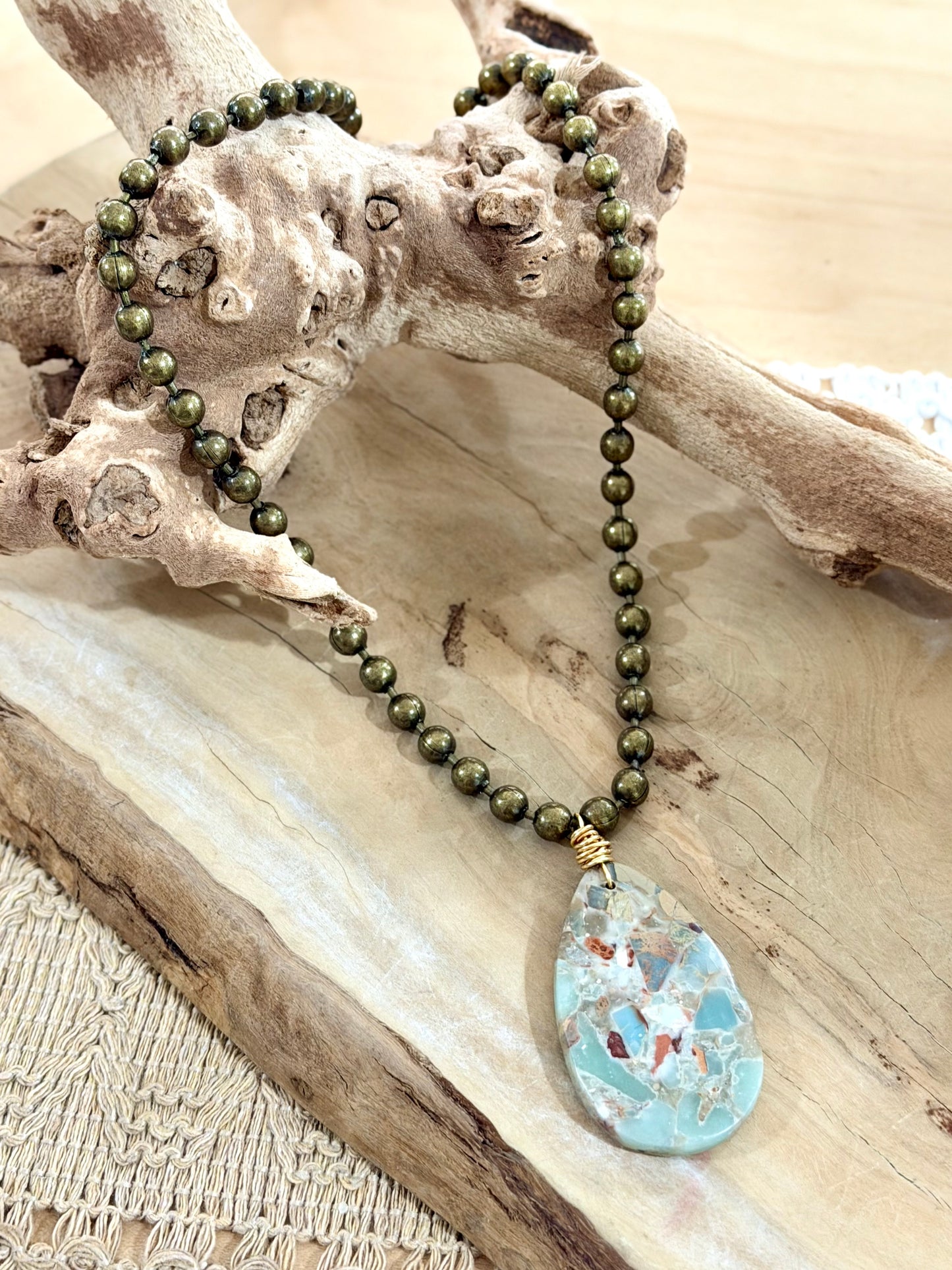 Aqua Terra Jasper + Antique Brass Necklace