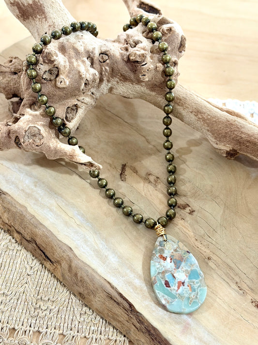 Aqua Terra Jasper + Antique Brass Necklace