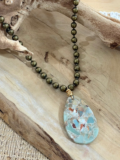 Aqua Terra Jasper + Antique Brass Necklace