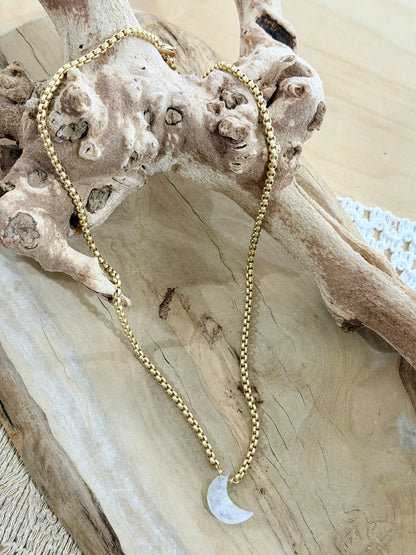Rainbow Moonstone + Matte Gold Moon Necklace