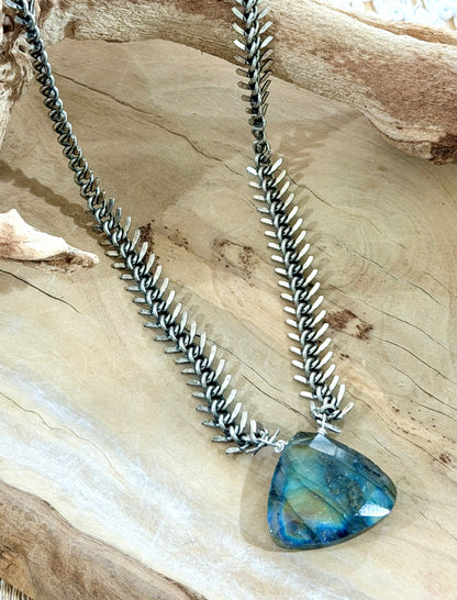 Labradorite + Antique Silver Fishbone Necklace