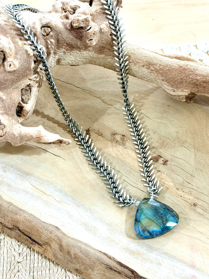 Labradorite + Antique Silver Fishbone Necklace