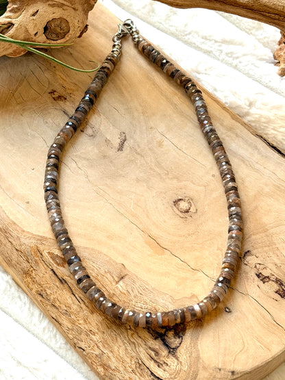 Gray + Peach Moonstone Beaded Necklace