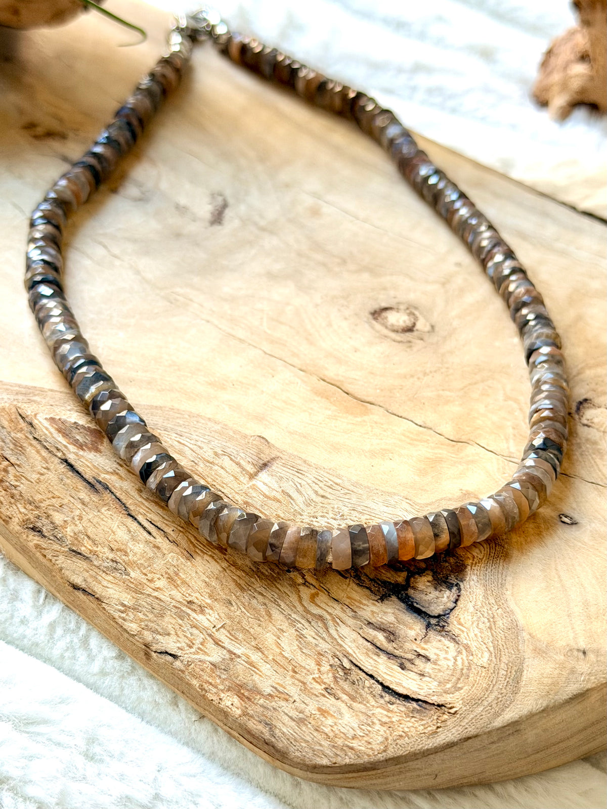 Gray + Peach Moonstone Beaded Necklace