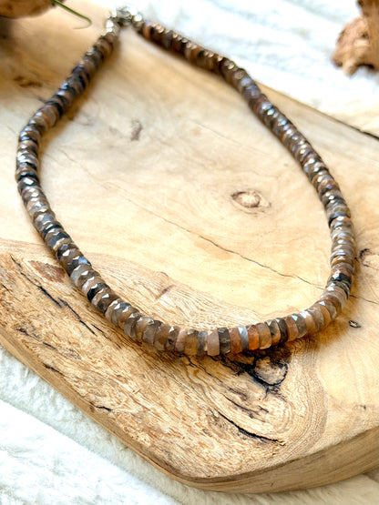 Gray + Peach Moonstone Beaded Necklace