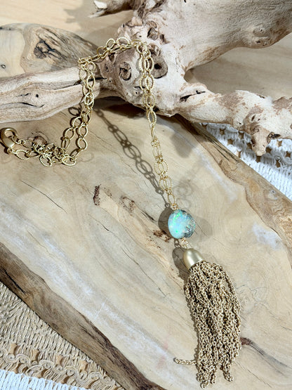 Rustic Ethiopian Opal + Matte Gold Fringe Necklace