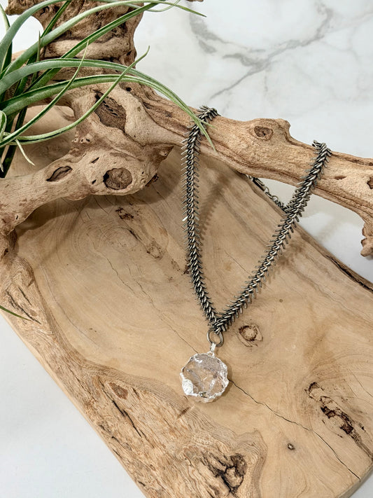 Clear Quartz + Antique Silver Fishbone Chain Necklace
