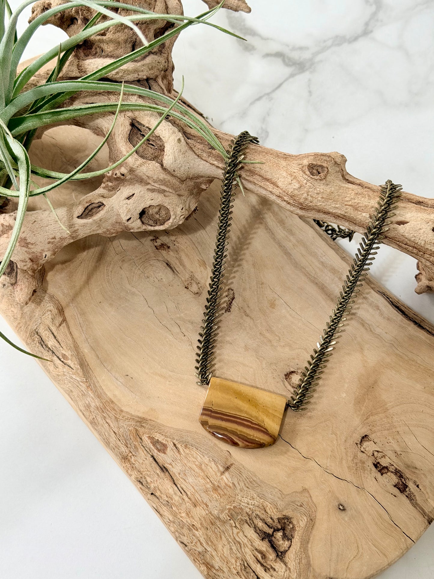 Natural Red Ocean Jasper + Antique Brass Fishbone Chain Necklace