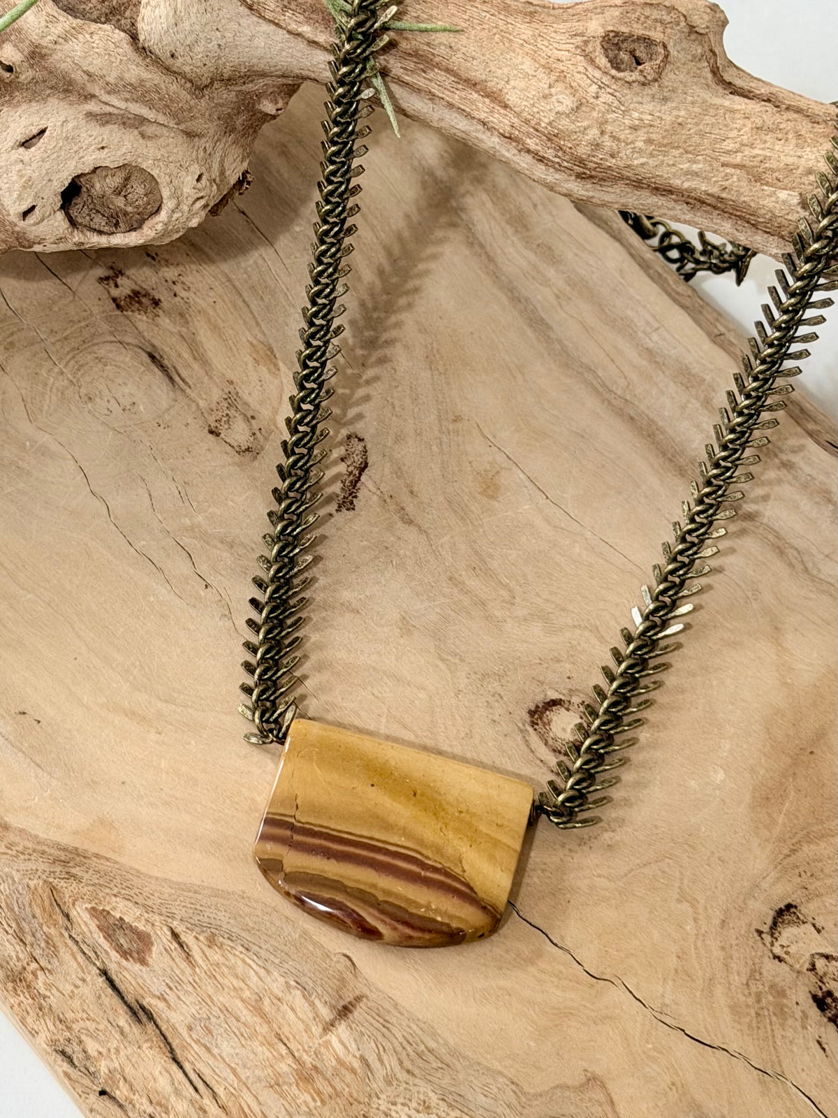 Natural Red Ocean Jasper + Antique Brass Fishbone Chain Necklace
