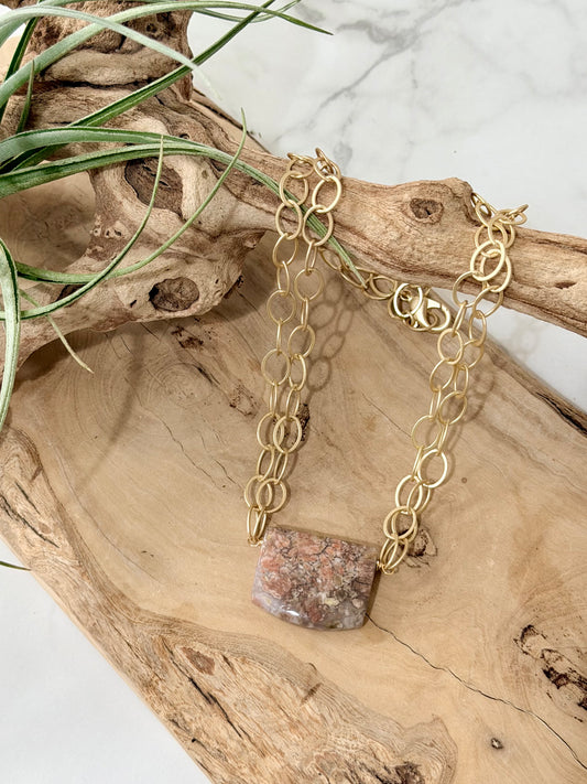 Madagascar Pink Ocean Agate + Matte Gold Double Chain Necklace