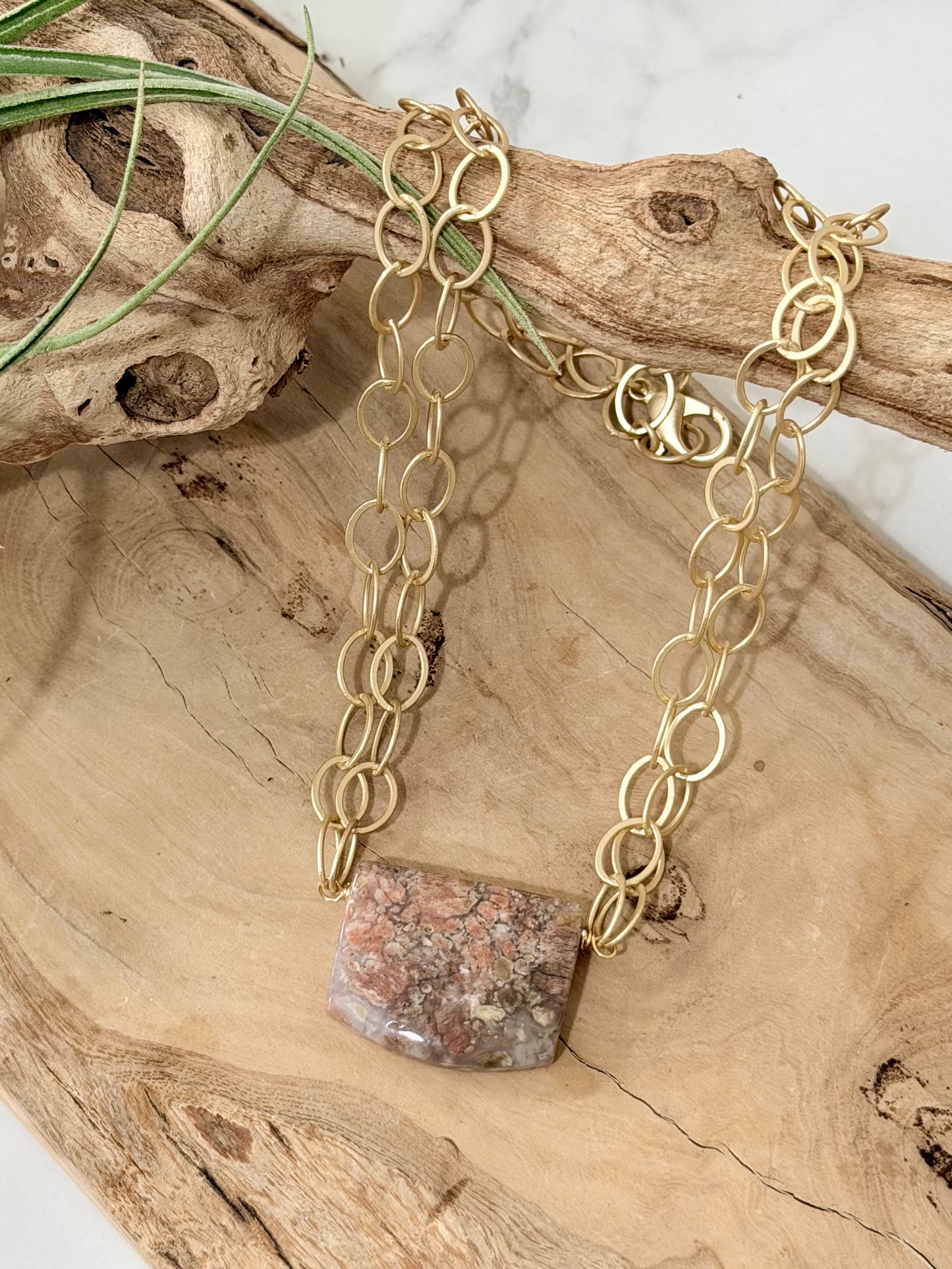 Madagascar Pink Ocean Agate + Matte Gold Double Chain Necklace