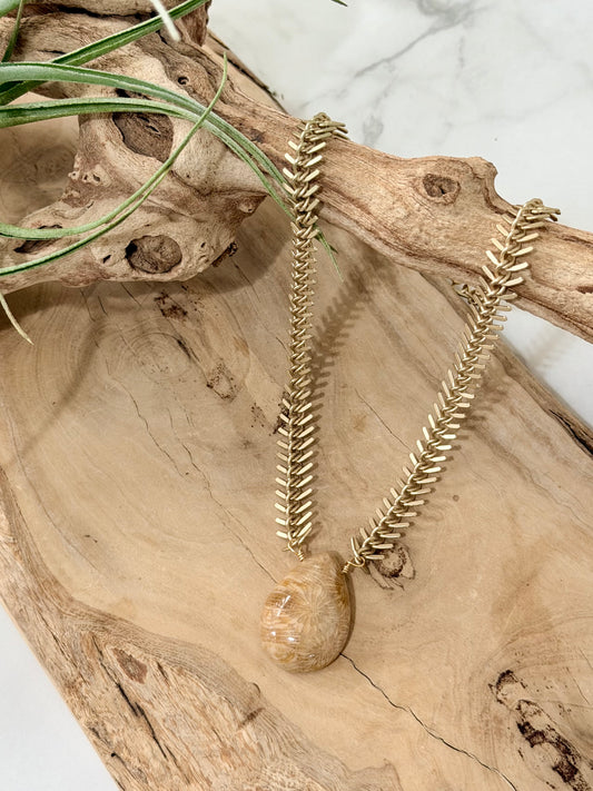 Natural Fossil Coral + Matte Gold Fishbone Necklace