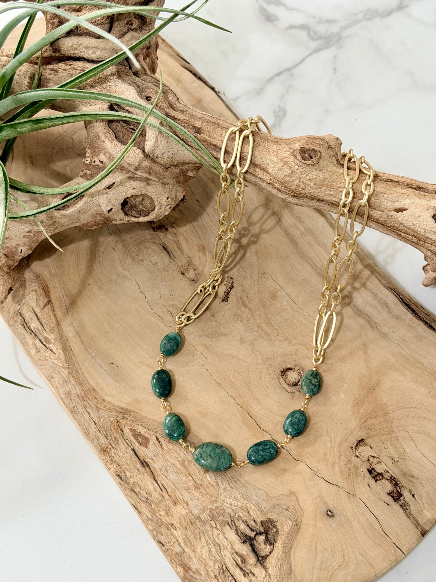 Emerald + Matte Gold Double ChainNecklace