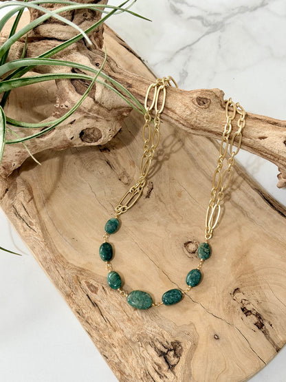 Emerald + Matte Gold Double ChainNecklace