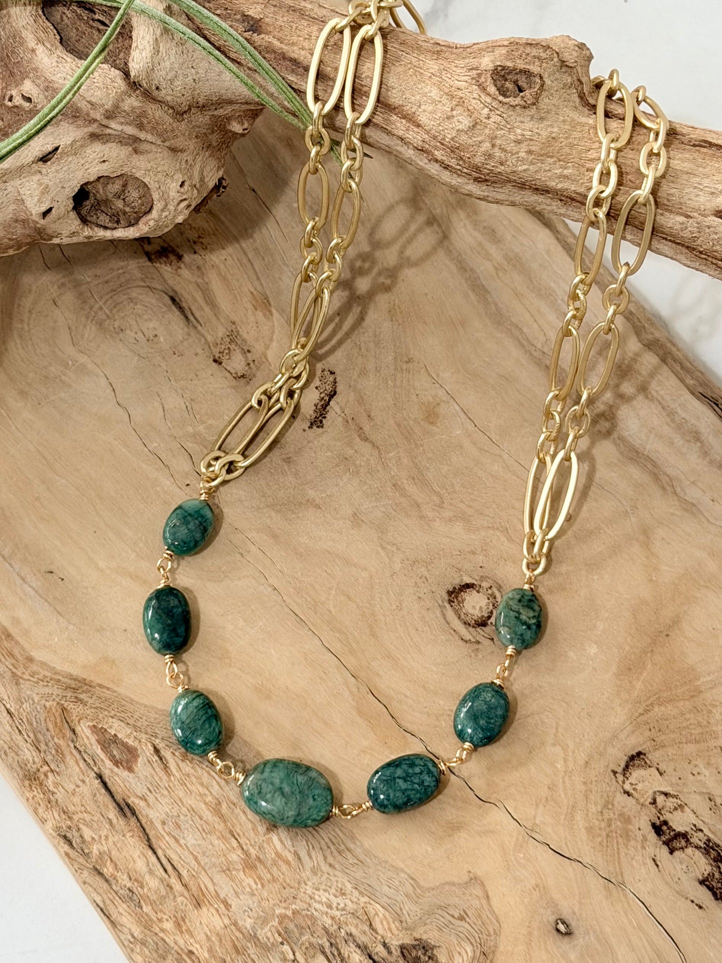 Emerald + Matte Gold Double ChainNecklace