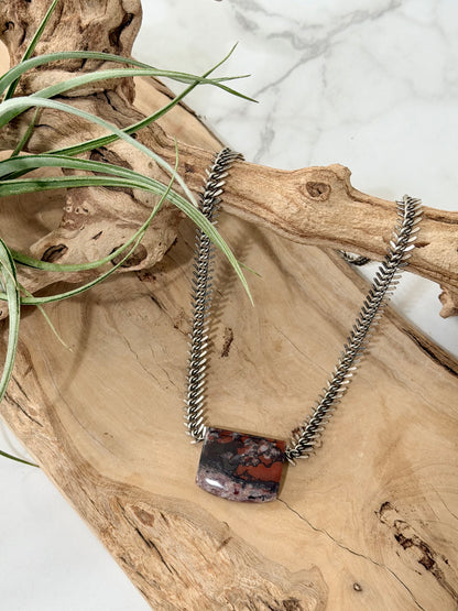 Red Brecciated Blood Jasper + Antique Silver Fishbone Chain Necklace