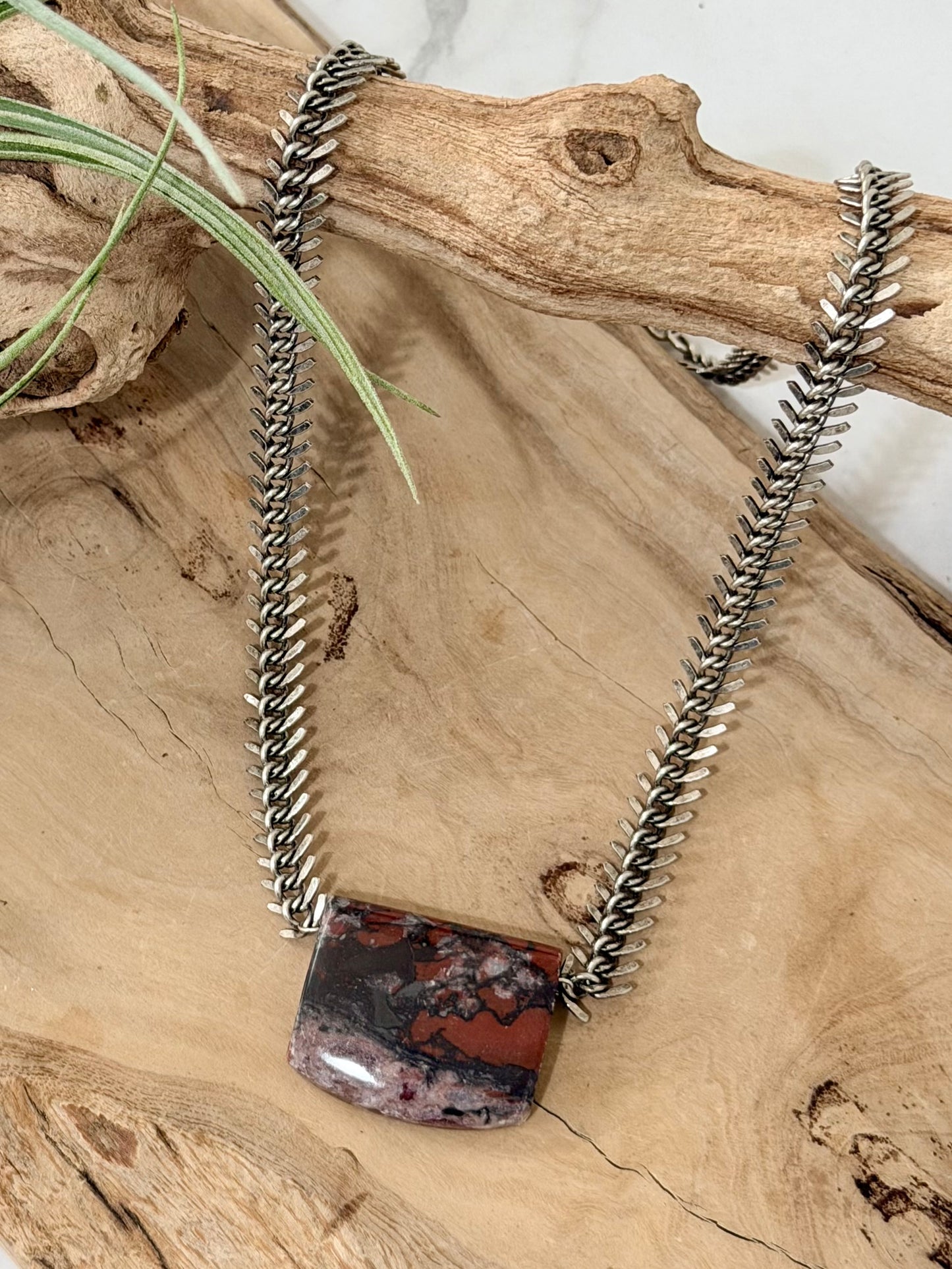 Red Brecciated Blood Jasper + Antique Silver Fishbone Chain Necklace