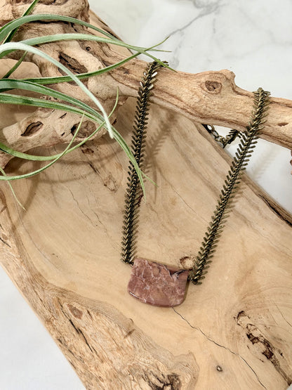Mexican Butterfly Jasper + Antique Brass Fishbone Chain Necklace