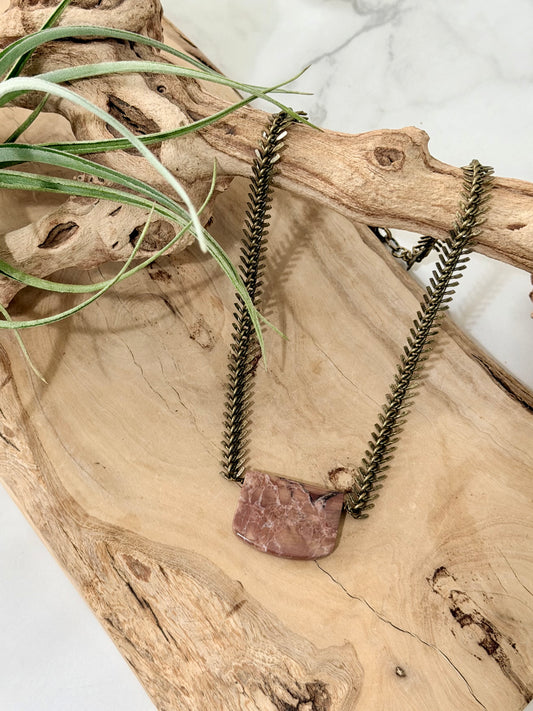 Mexican Butterfly Jasper + Antique Brass Fishbone Chain Necklace