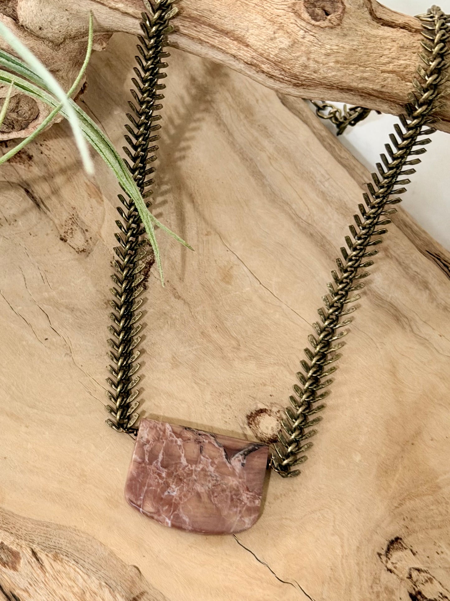 Mexican Butterfly Jasper + Antique Brass Fishbone Chain Necklace