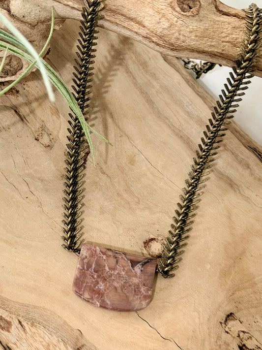 Mexican Butterfly Jasper + Antique Brass Fishbone Chain Necklace