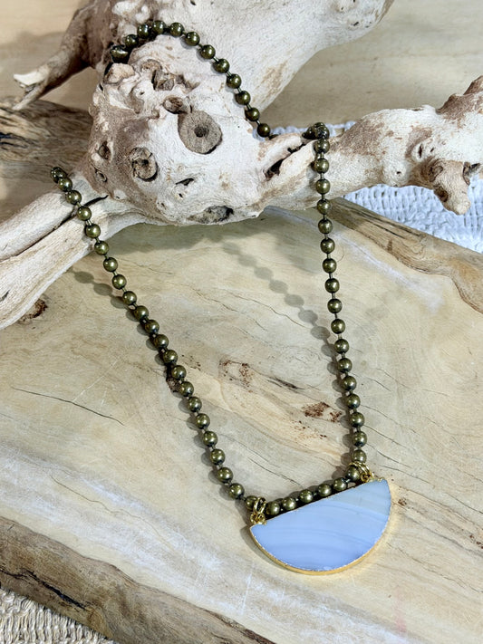 Agate + Antique Brass Ball Chain Necklace
