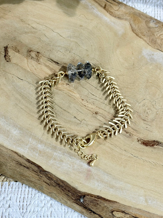 Herkimer Diamond + Matte Gold Fishbone Chain Bracelet
