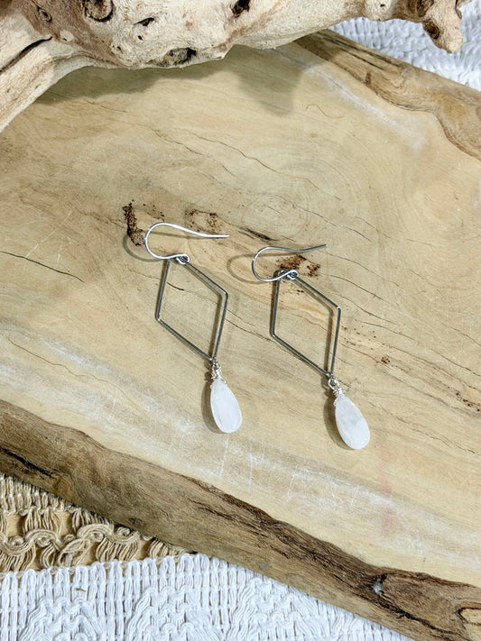 Rainbow Moonstone + Silver Diamond Earrings