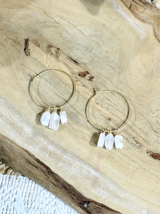 Rainbow Moonstone + Matte Gold Hoop Earrings