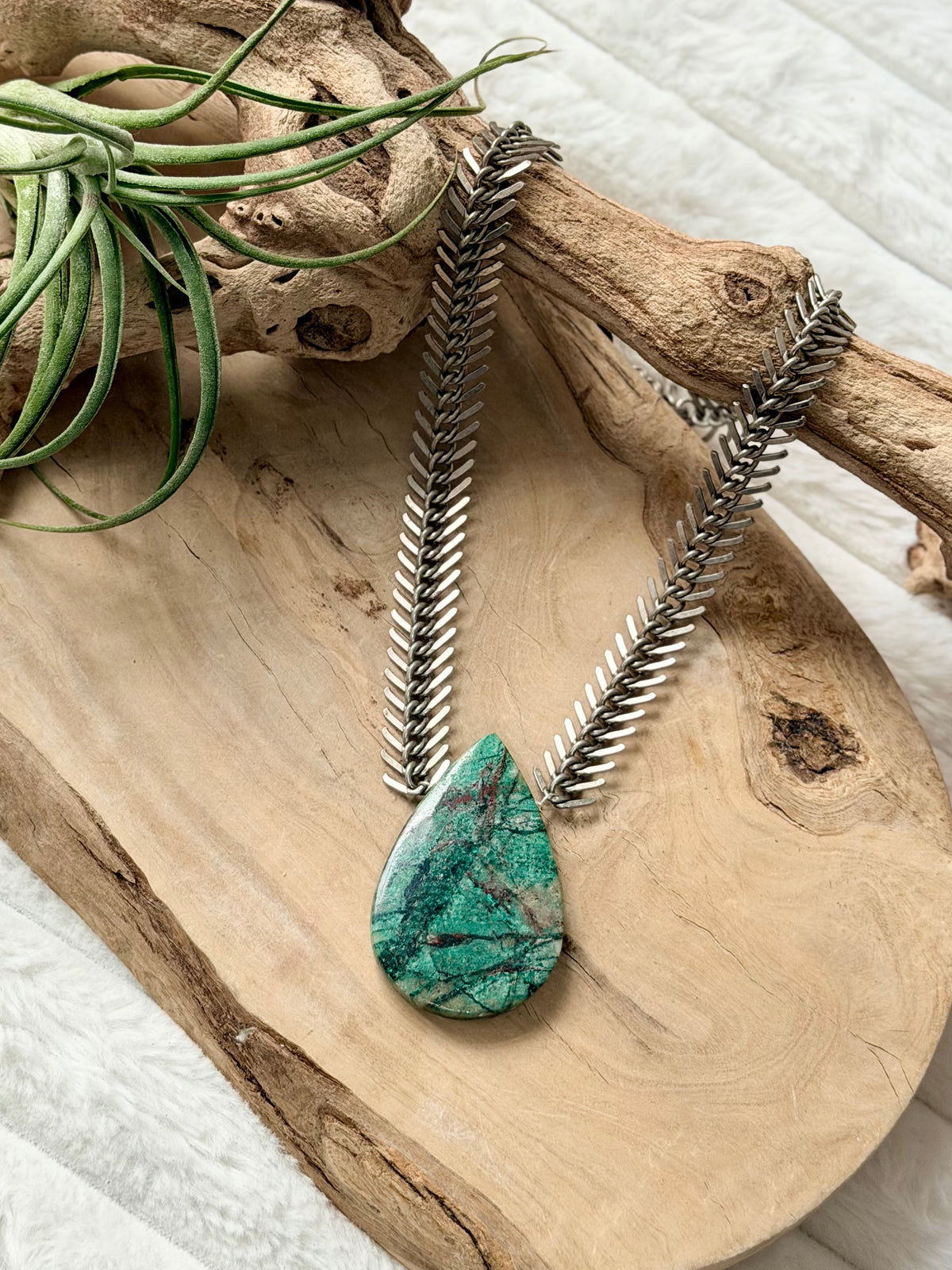 Natural Copper in Chrysocolla + Antique Silver Fishbone Chain Necklace