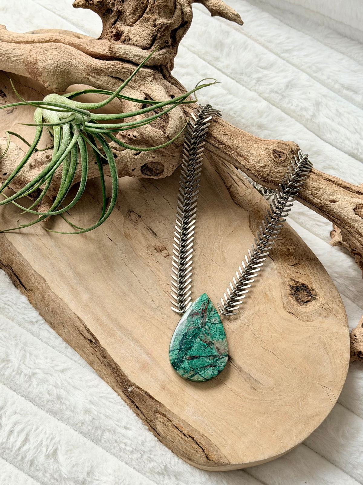 Natural Copper in Chrysocolla + Antique Silver Fishbone Chain Necklace