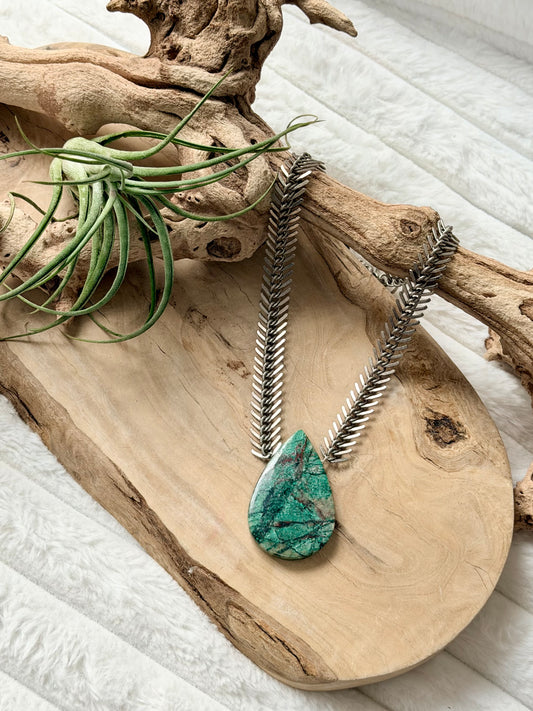 Natural Copper in Chrysocolla + Antique Silver Fishbone Chain Necklace