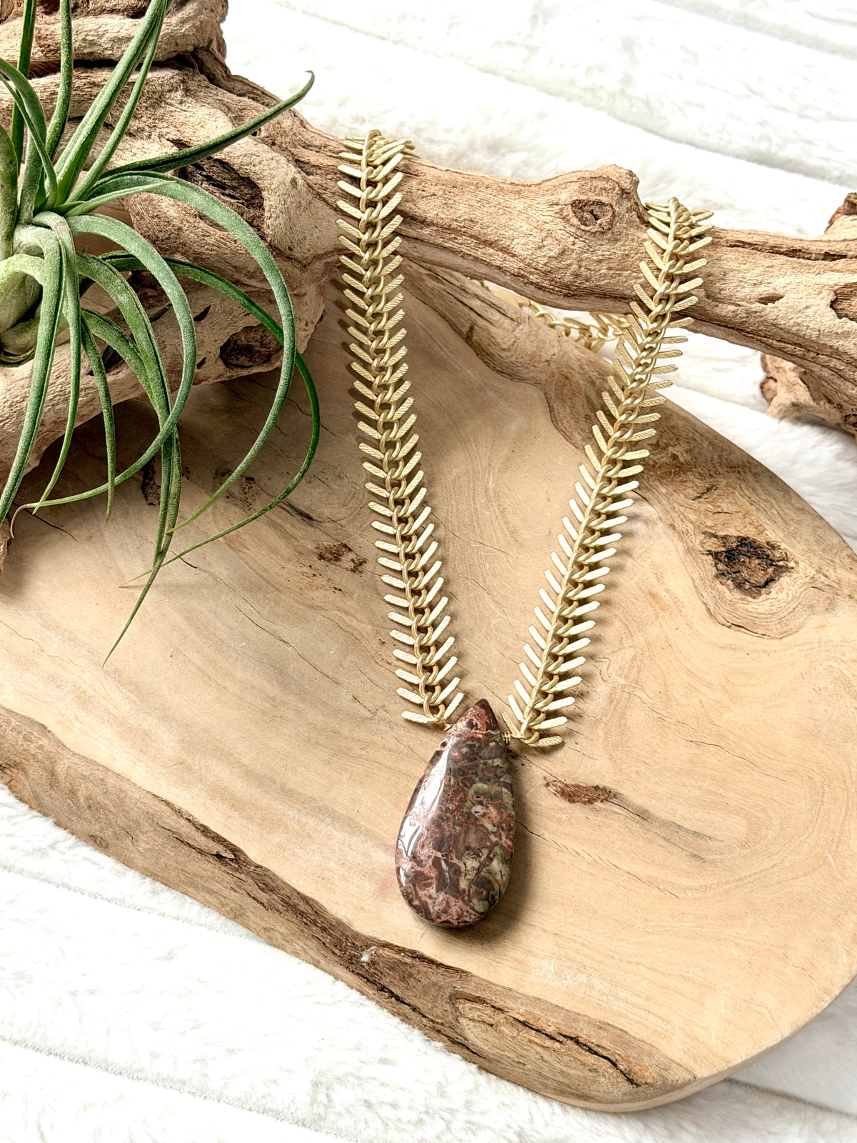 Mushroom Rhyolite Jasper + Matte Gold Fishbone Necklace