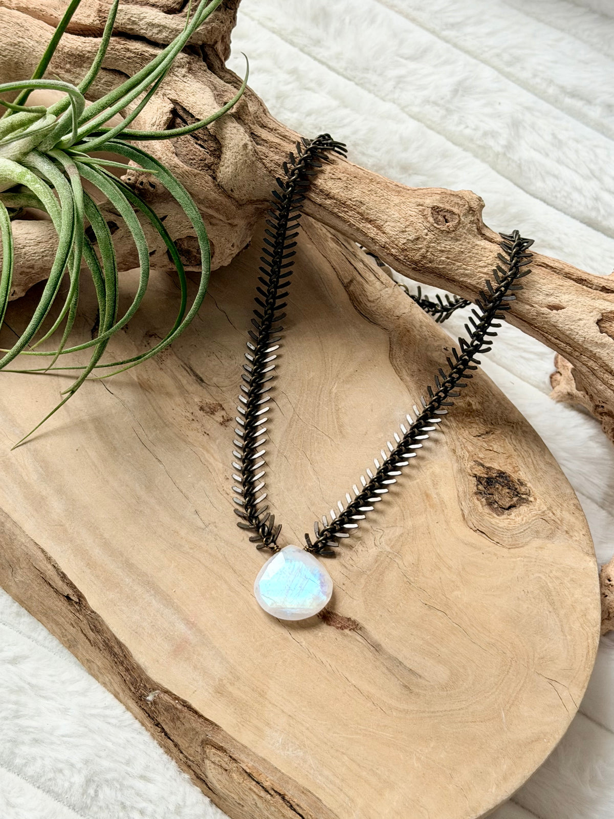 Rainbow Moonstone + Antique Brass Fishbone Necklace