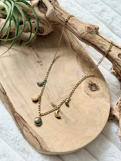 Mixed Gemstone + Gold Stainless Moon Phase Necklace