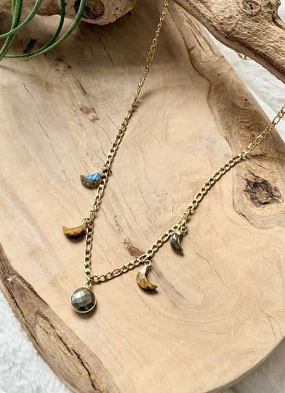 Mixed Gemstone + Gold Stainless Moon Phase Necklace