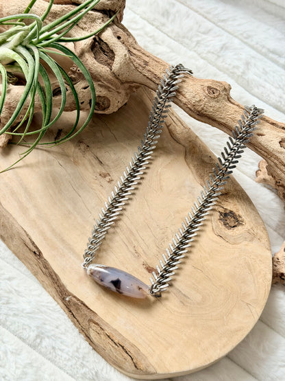 Light Brown Phantom Agate + Antique Silver Fishbone Necklace