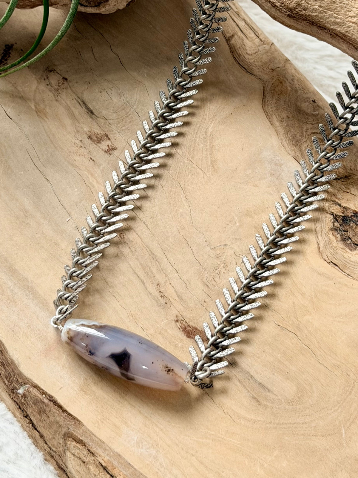 Light Brown Phantom Agate + Antique Silver Fishbone Necklace