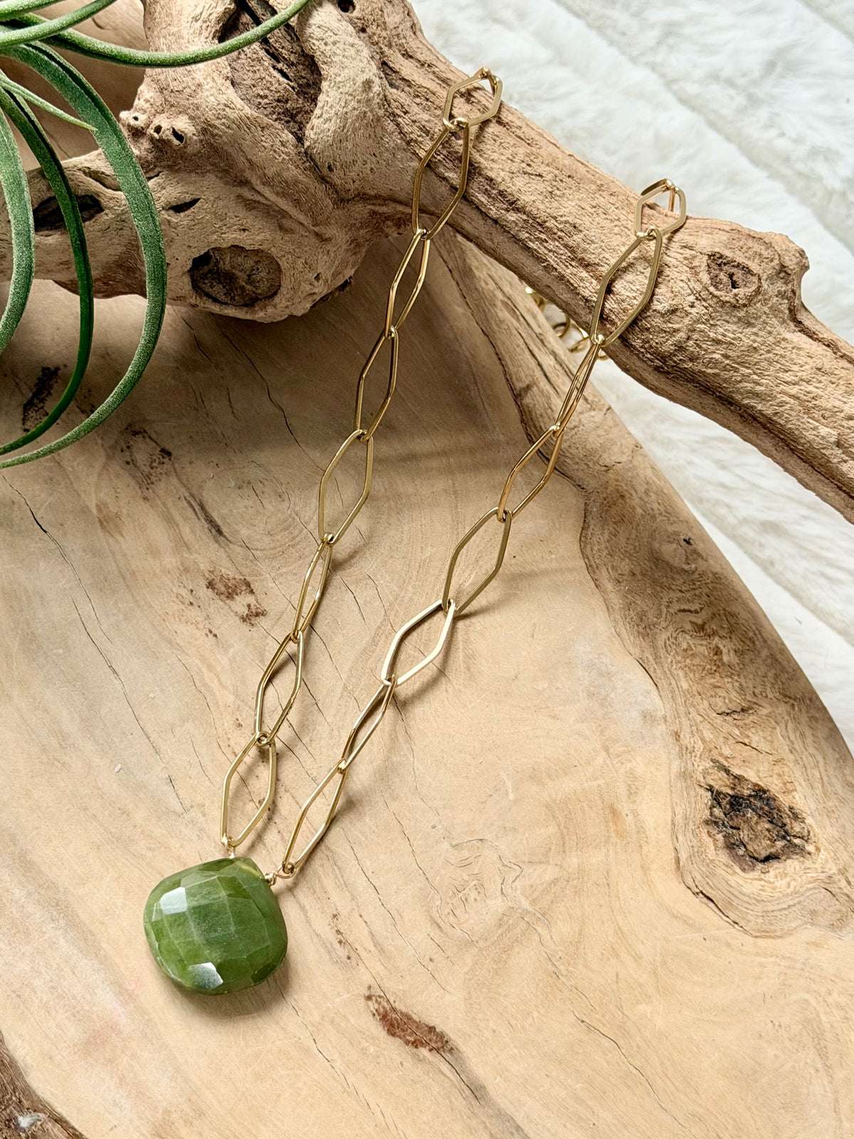 Green Garnet + Gold Stainless Steel Necklace
