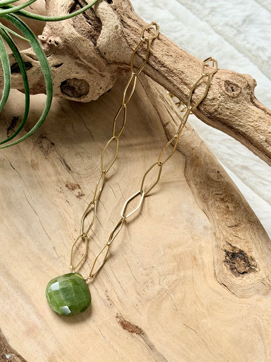 Green Garnet + Gold Stainless Steel Necklace