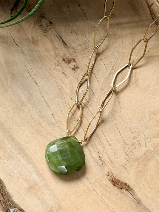 Green Garnet + Gold Stainless Steel Necklace