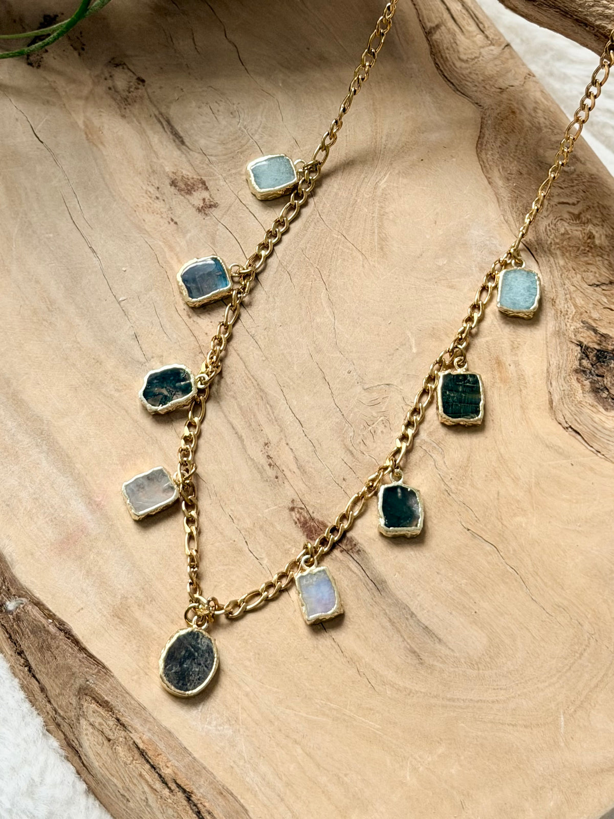 Mixed Gemstone + Gold Stainless Charm Necklace