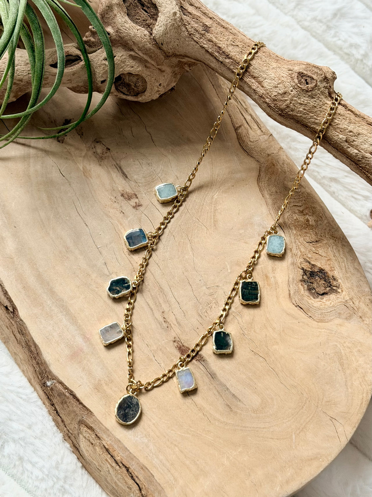 Mixed Gemstone + Gold Stainless Charm Necklace