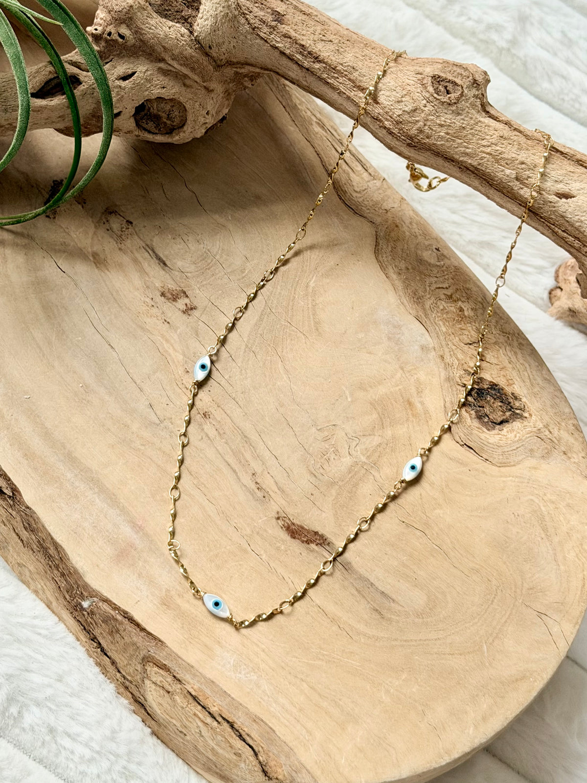 Mother of Pearl Evil Eye + Gold Stainless Charm Necklace